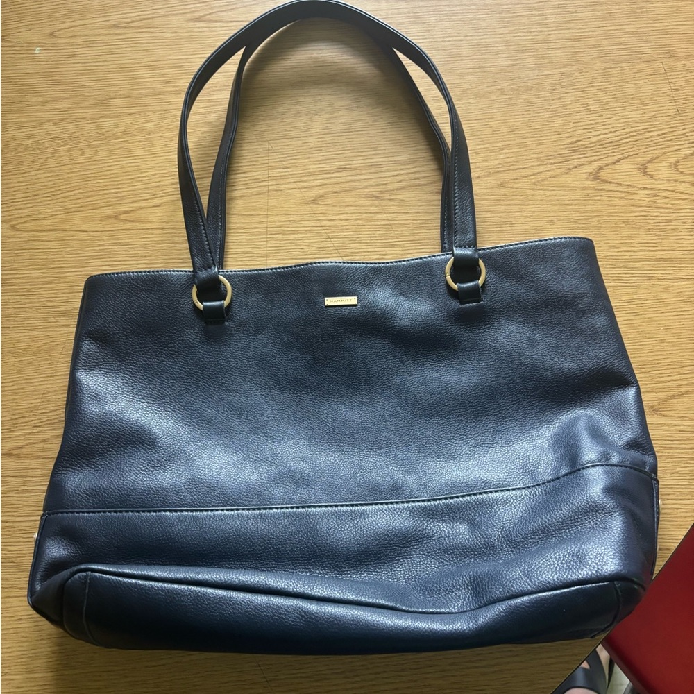 Elegant navy Leather Tote Bag. Anderson